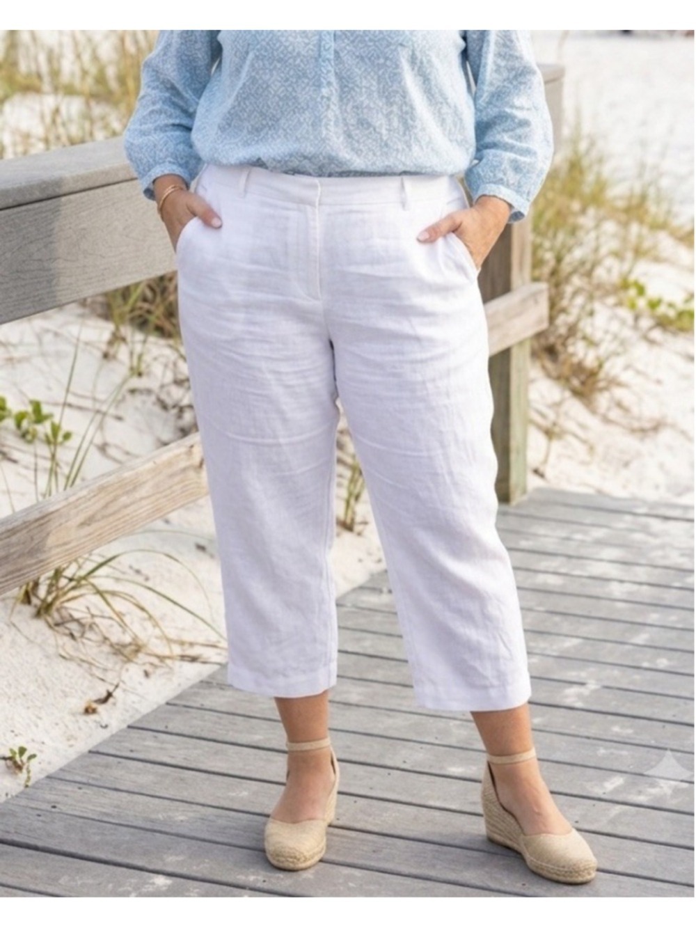 J. Crew 100% Linen Wide Leg Crop Pants White Sz 20 Plus Beach Lagenlook Coastal